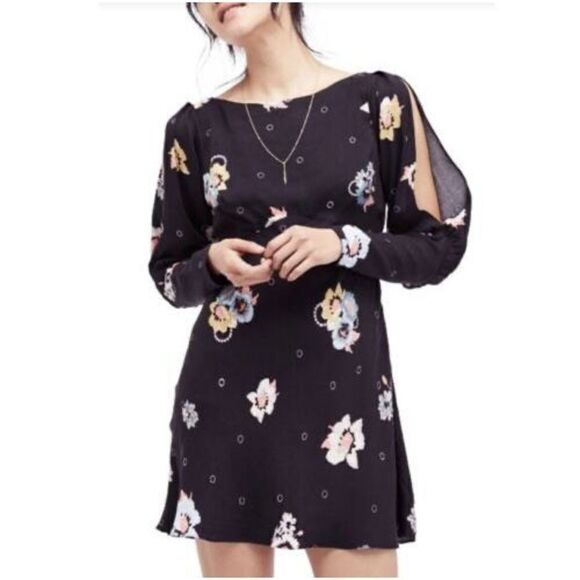 NWT Free People Black Floral Sunshadows Slit Sleeve‎ Mini Dress Size - Picture 1 of 11